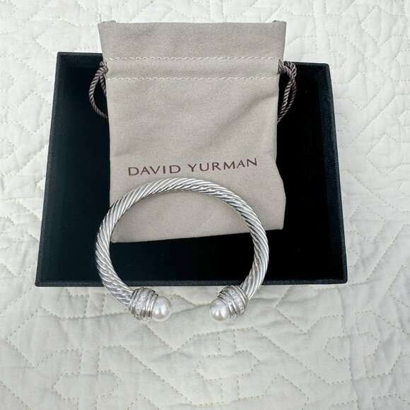 David Yurman Cable Classics Pearls and Diamonds 7mm Cable Cuff Bracelet - Picture 2 of 6